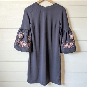 LOFT Navy Embroidered Balloon Sleeve Shift Dress